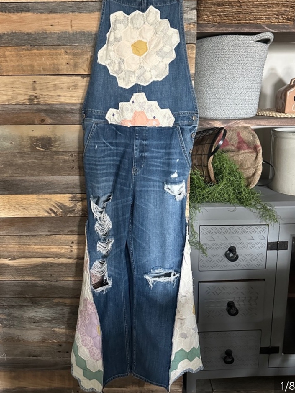 Denim upcycle vintage quilt Floral Patchwork Overalls - Picture 9 of 9